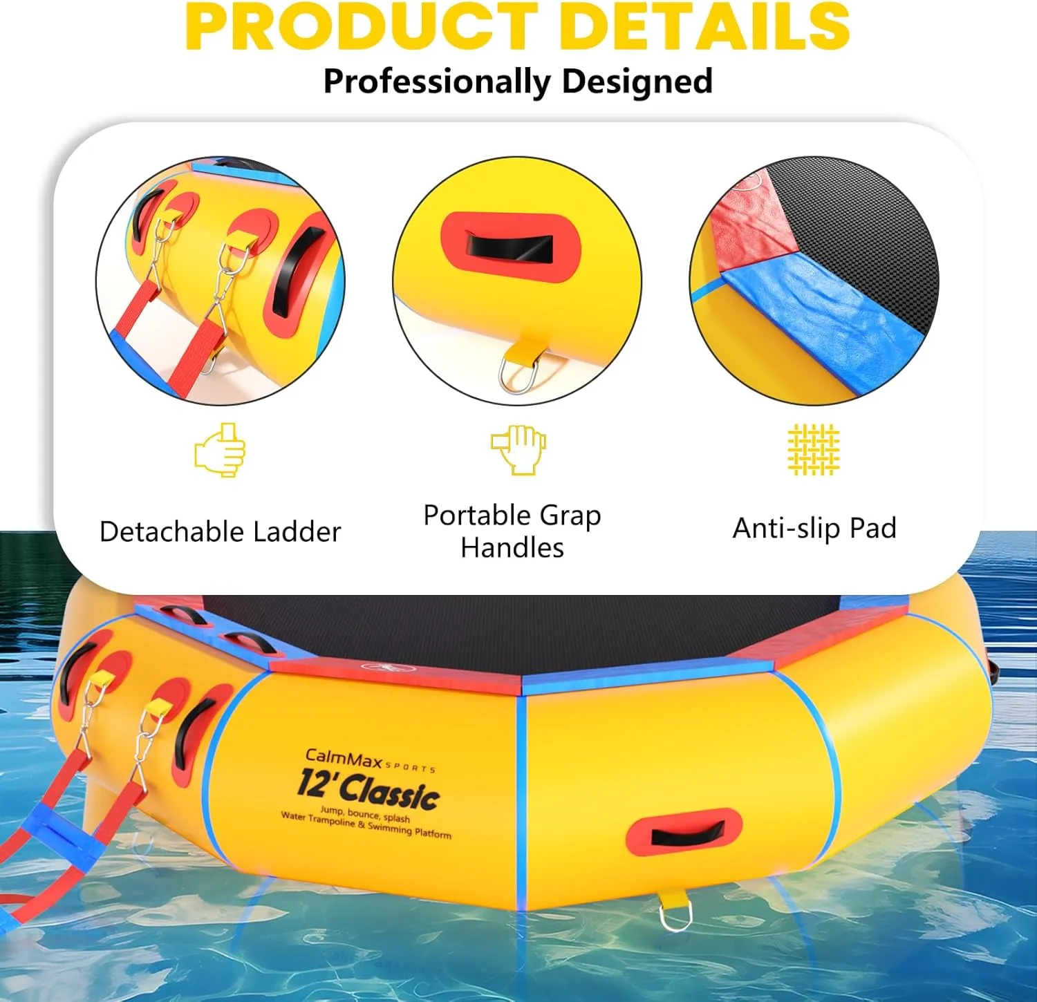 12FT Inflatable Water Trampoline for Kids & Adults with Ladder, Electric Pump & Anchor Bag – Floating Trampoline for Lake, Pool, Ocean, Swimming, Fishing, Floating Water Bouncer