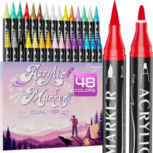 48 Colors Dual Tip Acrylic Paint Markers,Fine Tip and Brush Tip Permanent Acrylic Paint Pens For Rock Painting, Canvas, Wood, Glass, Ceramic, Fabric, Plastic, Egg, Scrapbook,Art Painting Supplies Kit