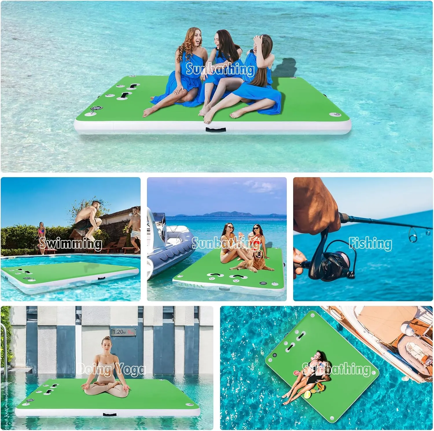 5FT/8FT/10FT/12FT Inflatable Floating Dock for Lakes, Inflatable Dock Floating Platform with Non-Slip Surface, Floating Island Raft for Pool Beach Ocean