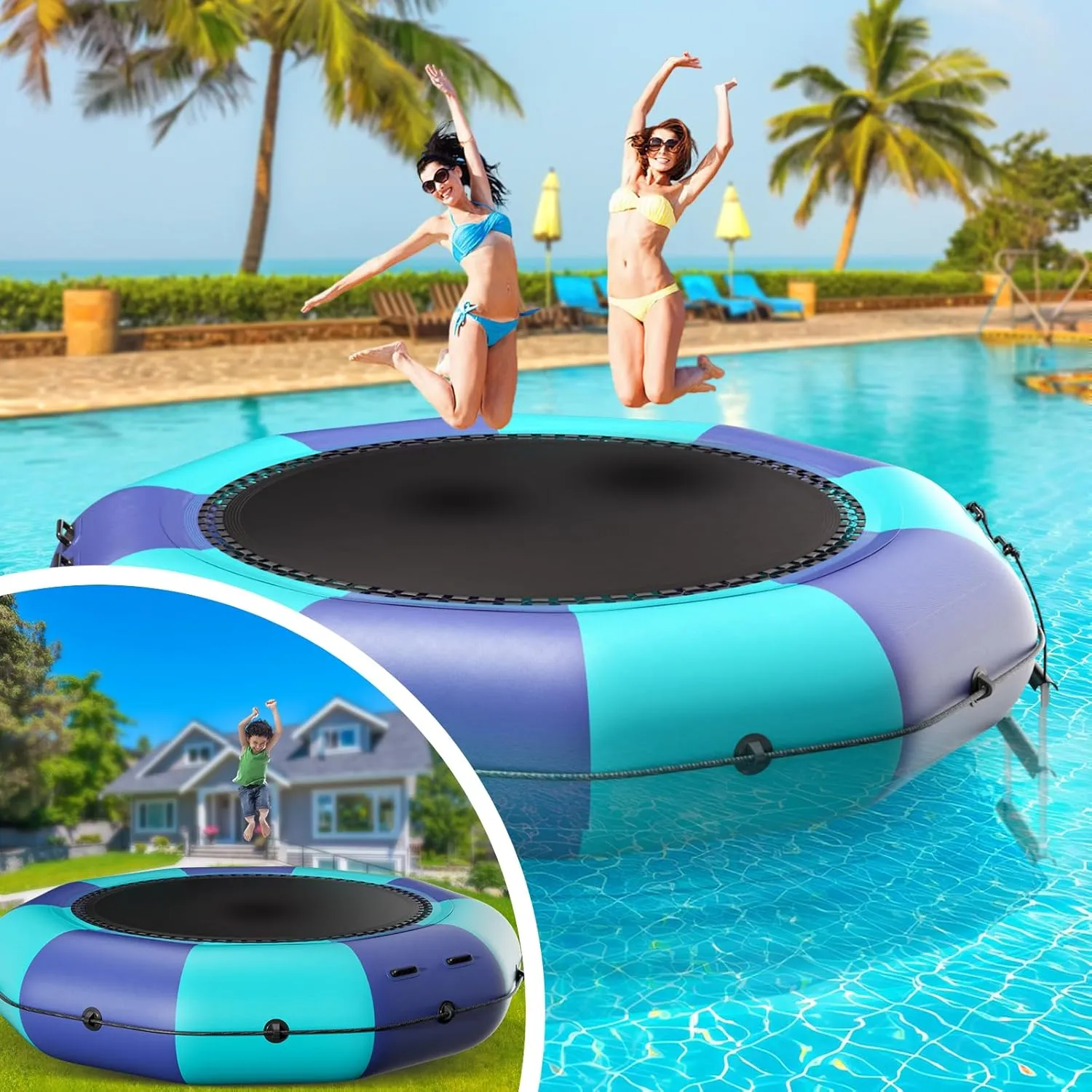 6FT/10FT12FT/15FT Inflatable Water Trampoline, Recreational Water Bouncer, Adults Youth Floating Rebounder with 4-Step Ladder, Portable Bounce Swim Platform for Pool, Lake, Water Sports