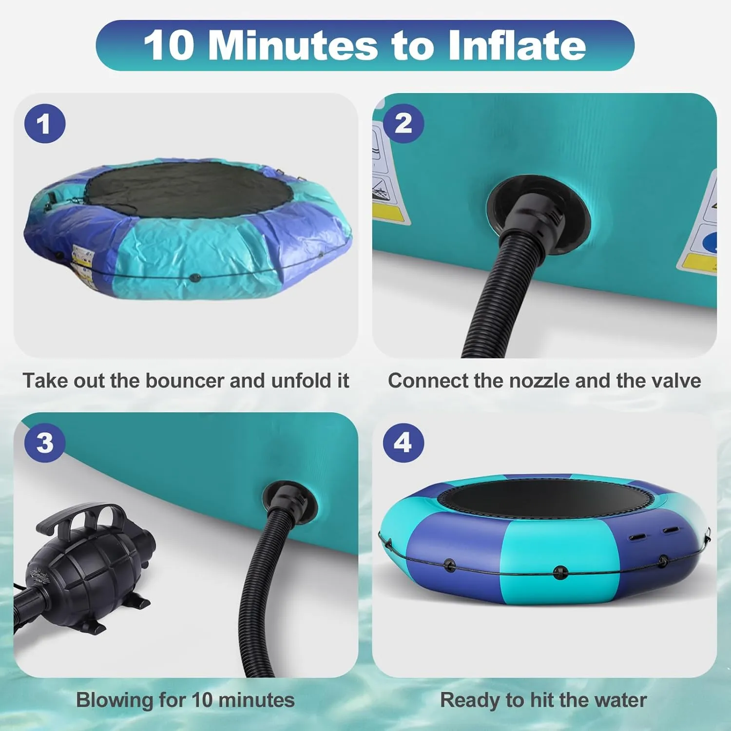 6FT/10FT12FT/15FT Inflatable Water Trampoline, Recreational Water Bouncer, Adults Youth Floating Rebounder with 4-Step Ladder, Portable Bounce Swim Platform for Pool, Lake, Water Sports