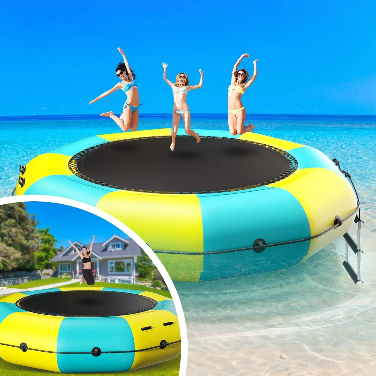 6FT/10FT12FT/15FT Inflatable Water Trampoline, Recreational Water Bouncer, Adults Youth Floating Rebounder with 4-Step Ladder, Portable Bounce Swim Platform for Pool, Lake, Water Sports