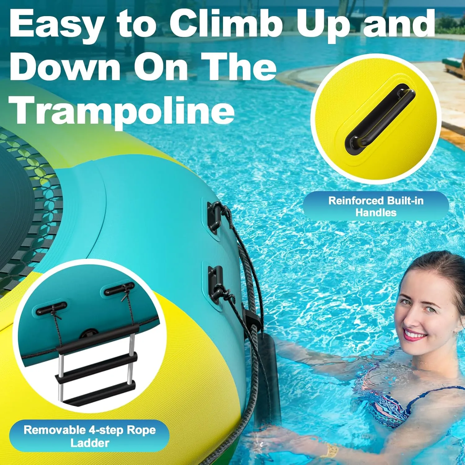 6FT/10FT12FT/15FT Inflatable Water Trampoline, Recreational Water Bouncer, Adults Youth Floating Rebounder with 4-Step Ladder, Portable Bounce Swim Platform for Pool, Lake, Water Sports