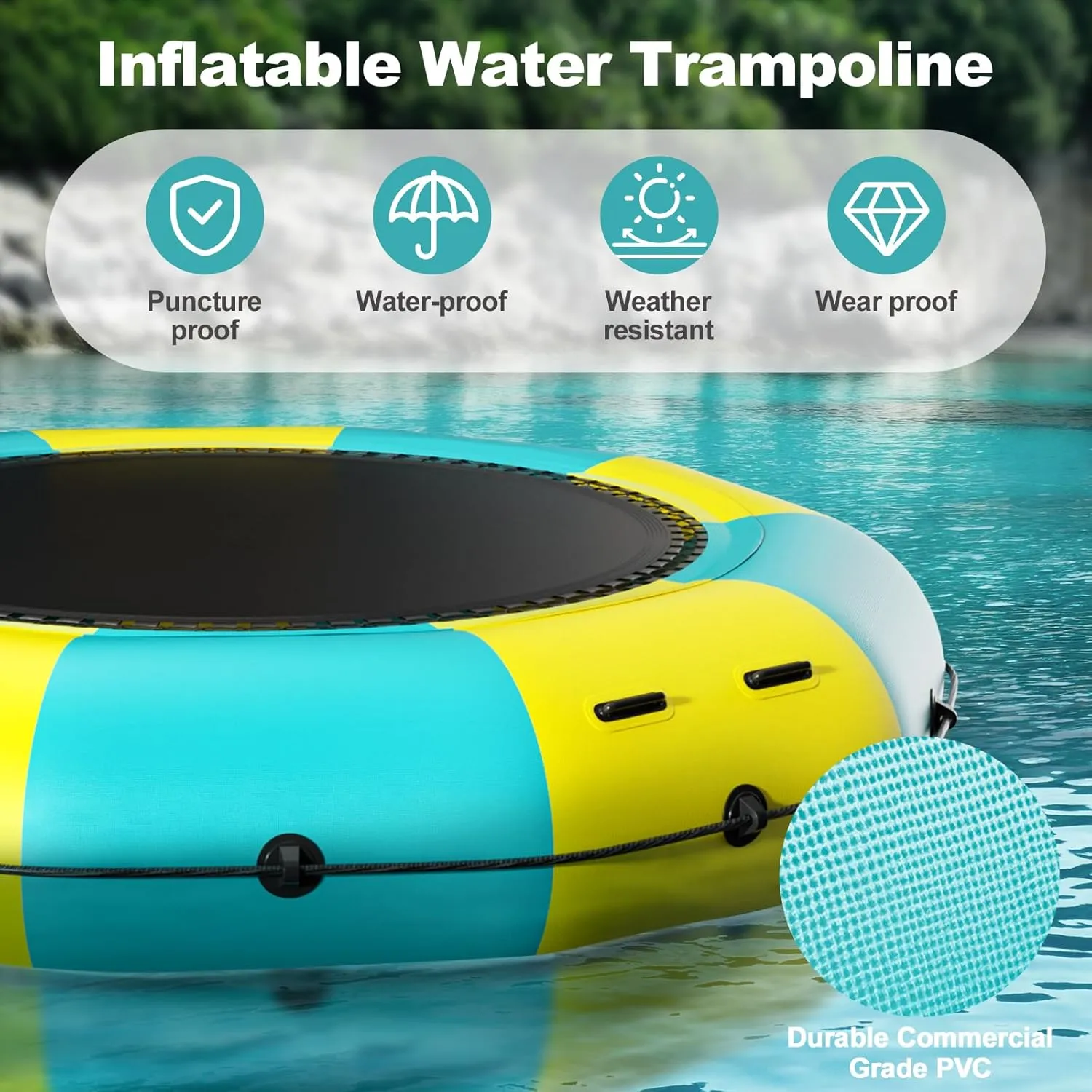 6FT/10FT12FT/15FT Inflatable Water Trampoline, Recreational Water Bouncer, Adults Youth Floating Rebounder with 4-Step Ladder, Portable Bounce Swim Platform for Pool, Lake, Water Sports