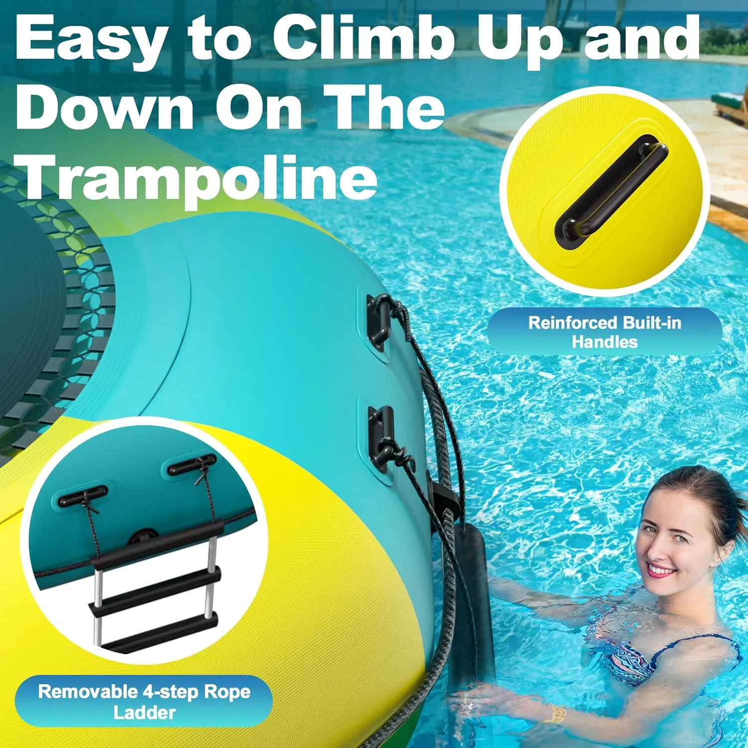 6FT/10FT12FT/15FT Inflatable Water Trampoline, Recreational Water Bouncer, Adults Youth Floating Rebounder with 4-Step Ladder, Portable Bounce Swim Platform for Pool, Lake, Water Sports