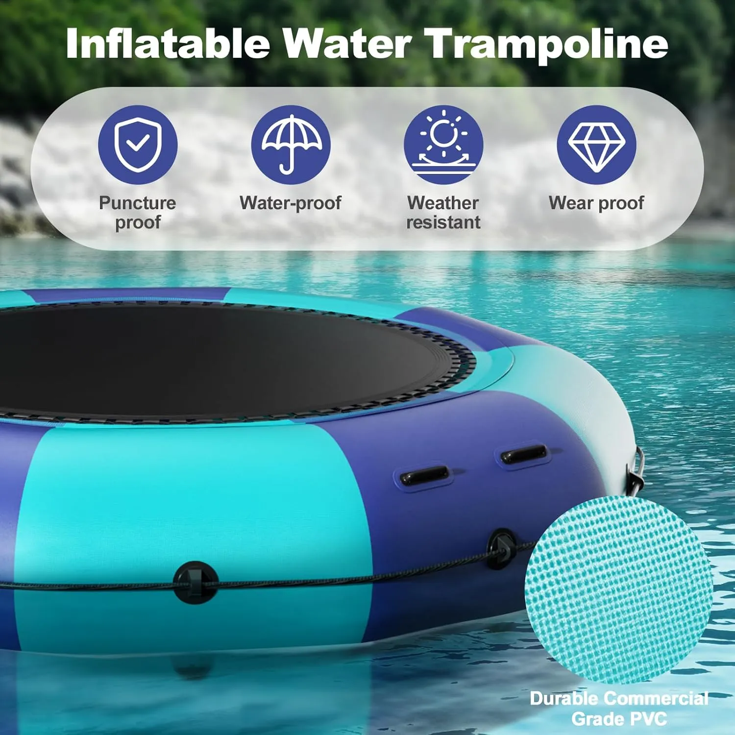 6FT/10FT12FT/15FT Inflatable Water Trampoline, Recreational Water Bouncer, Adults Youth Floating Rebounder with 4-Step Ladder, Portable Bounce Swim Platform for Pool, Lake, Water Sports