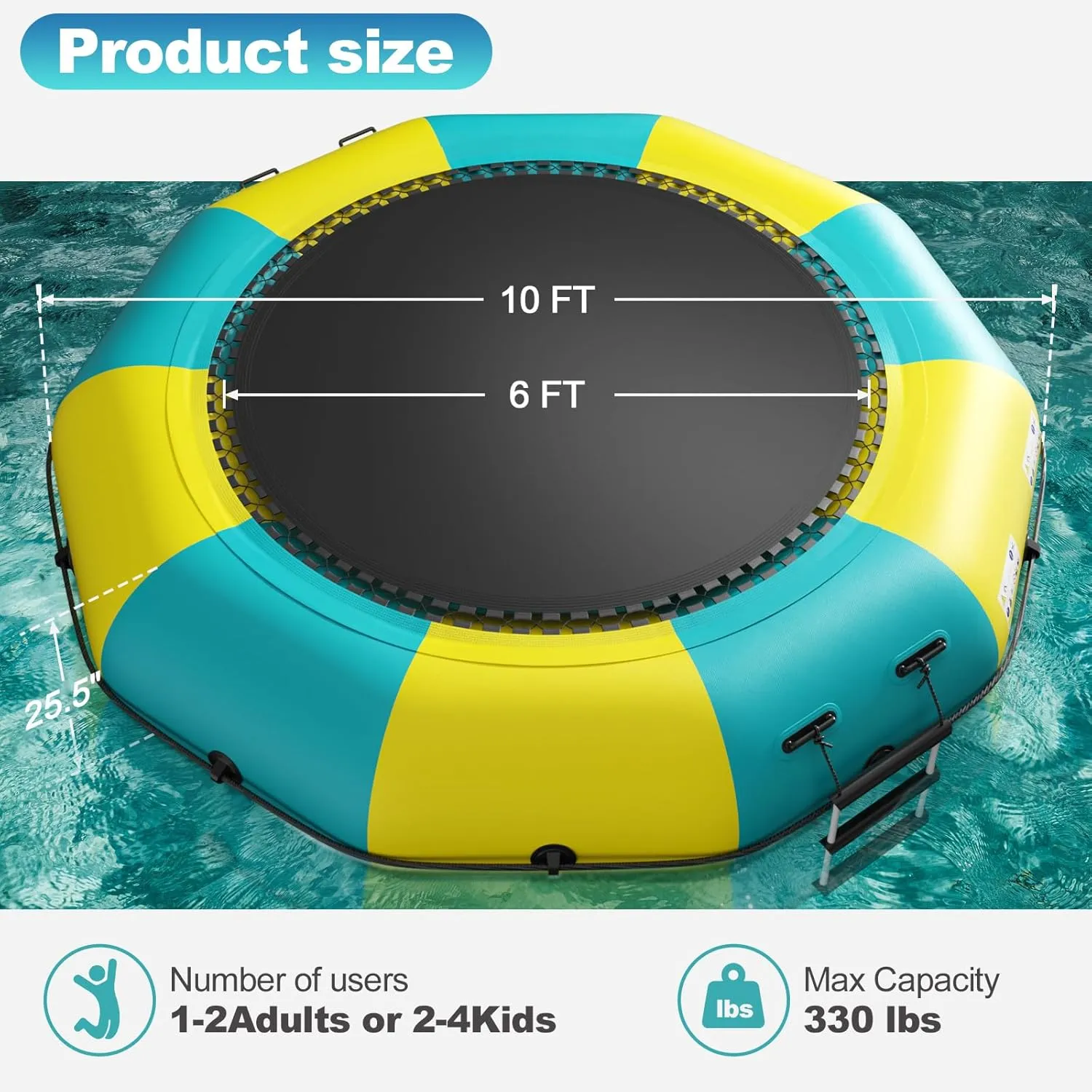 6FT/10FT12FT/15FT Inflatable Water Trampoline, Recreational Water Bouncer, Adults Youth Floating Rebounder with 4-Step Ladder, Portable Bounce Swim Platform for Pool, Lake, Water Sports