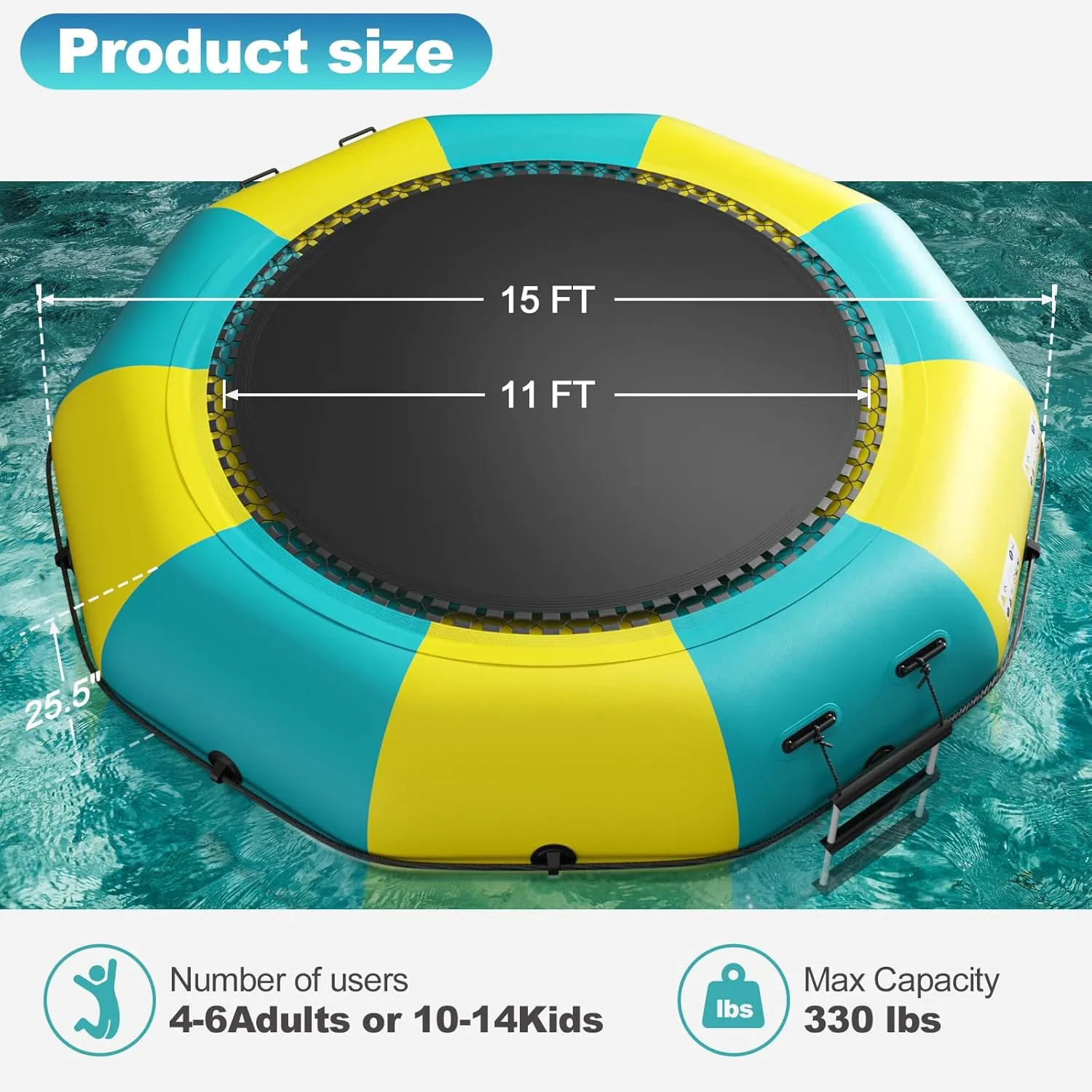 6FT/10FT12FT/15FT Inflatable Water Trampoline, Recreational Water Bouncer, Adults Youth Floating Rebounder with 4-Step Ladder, Portable Bounce Swim Platform for Pool, Lake, Water Sports