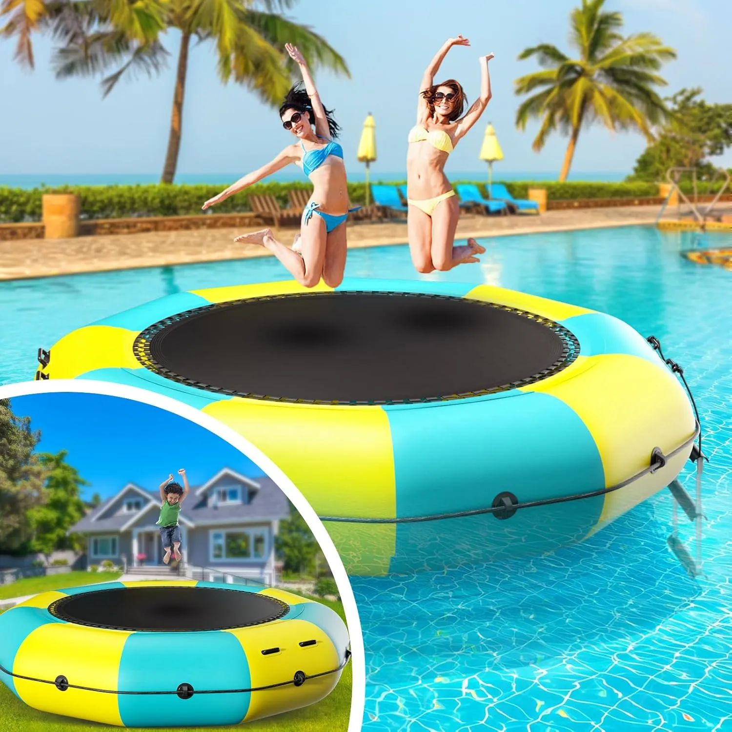 6FT/10FT12FT/15FT Inflatable Water Trampoline, Recreational Water Bouncer, Adults Youth Floating Rebounder with 4-Step Ladder, Portable Bounce Swim Platform for Pool, Lake, Water Sports