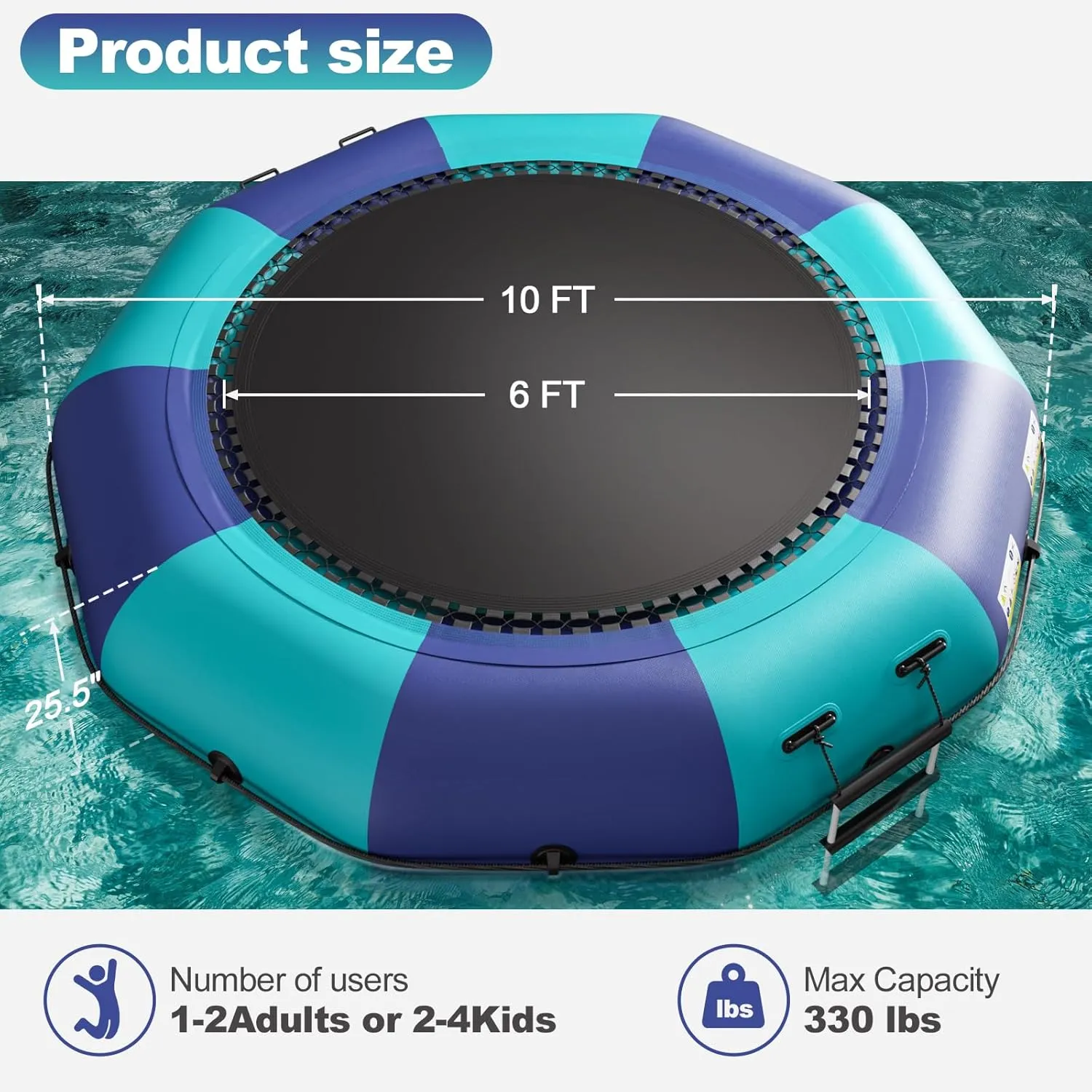6FT/10FT12FT/15FT Inflatable Water Trampoline, Recreational Water Bouncer, Adults Youth Floating Rebounder with 4-Step Ladder, Portable Bounce Swim Platform for Pool, Lake, Water Sports