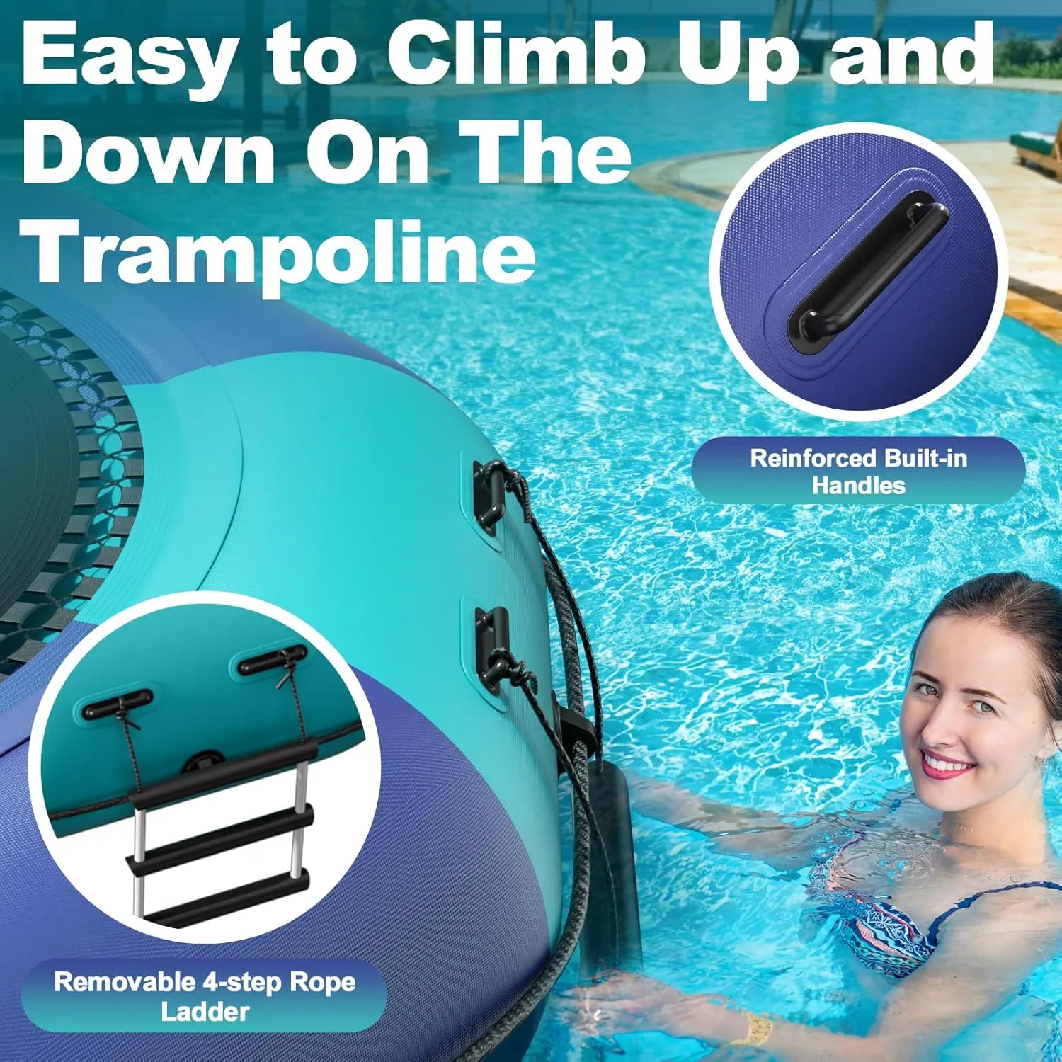 6FT/10FT12FT/15FT Inflatable Water Trampoline, Recreational Water Bouncer, Adults Youth Floating Rebounder with 4-Step Ladder, Portable Bounce Swim Platform for Pool, Lake, Water Sports