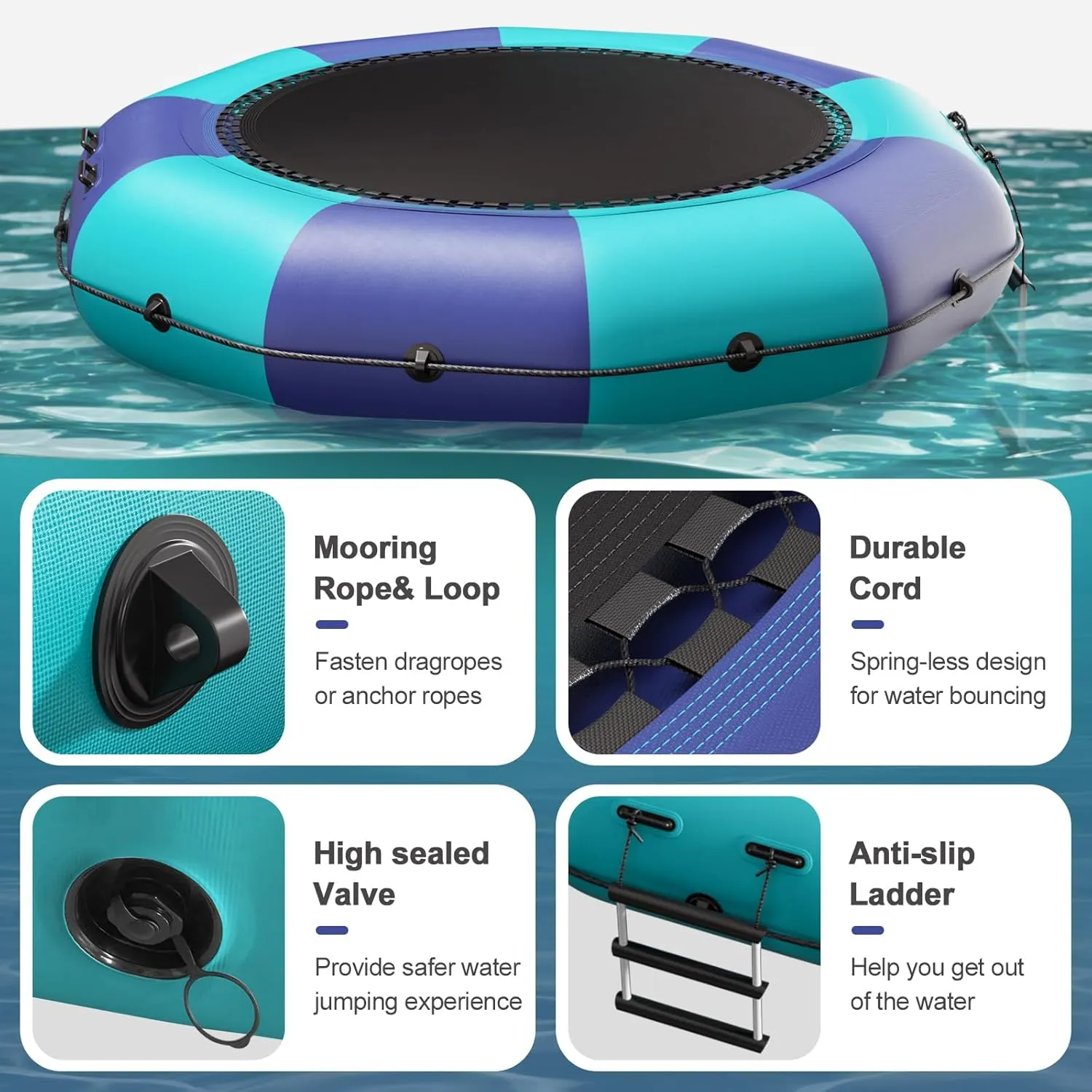 6FT/10FT12FT/15FT Inflatable Water Trampoline, Recreational Water Bouncer, Adults Youth Floating Rebounder with 4-Step Ladder, Portable Bounce Swim Platform for Pool, Lake, Water Sports