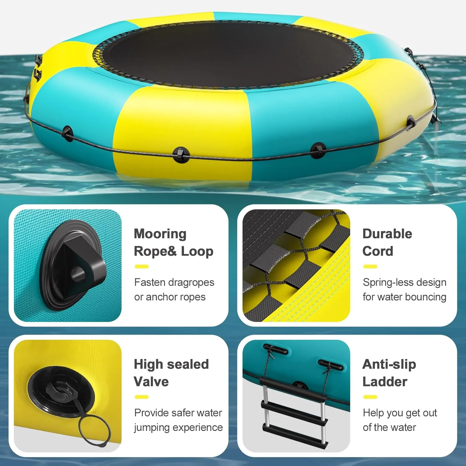 6FT/10FT12FT/15FT Inflatable Water Trampoline, Recreational Water Bouncer, Adults Youth Floating Rebounder with 4-Step Ladder, Portable Bounce Swim Platform for Pool, Lake, Water Sports