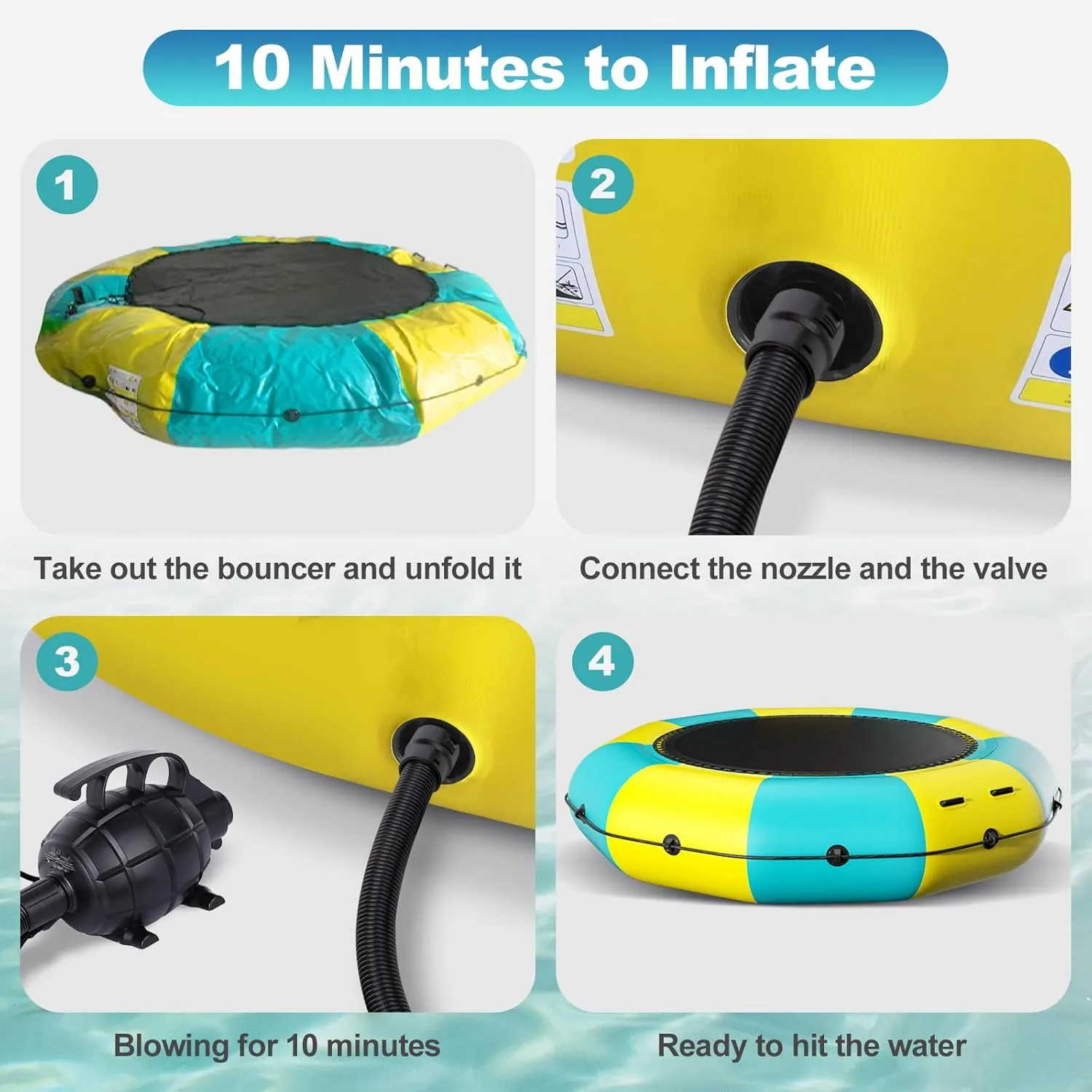 6FT/10FT12FT/15FT Inflatable Water Trampoline, Recreational Water Bouncer, Adults Youth Floating Rebounder with 4-Step Ladder, Portable Bounce Swim Platform for Pool, Lake, Water Sports
