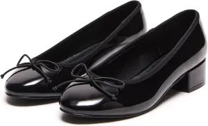 Adrizzlein Ballet Flats Shoes for Women Bowknot Round Toe Slip On Flats Pumps Comfort Chunky Low Heel Dress Shoes