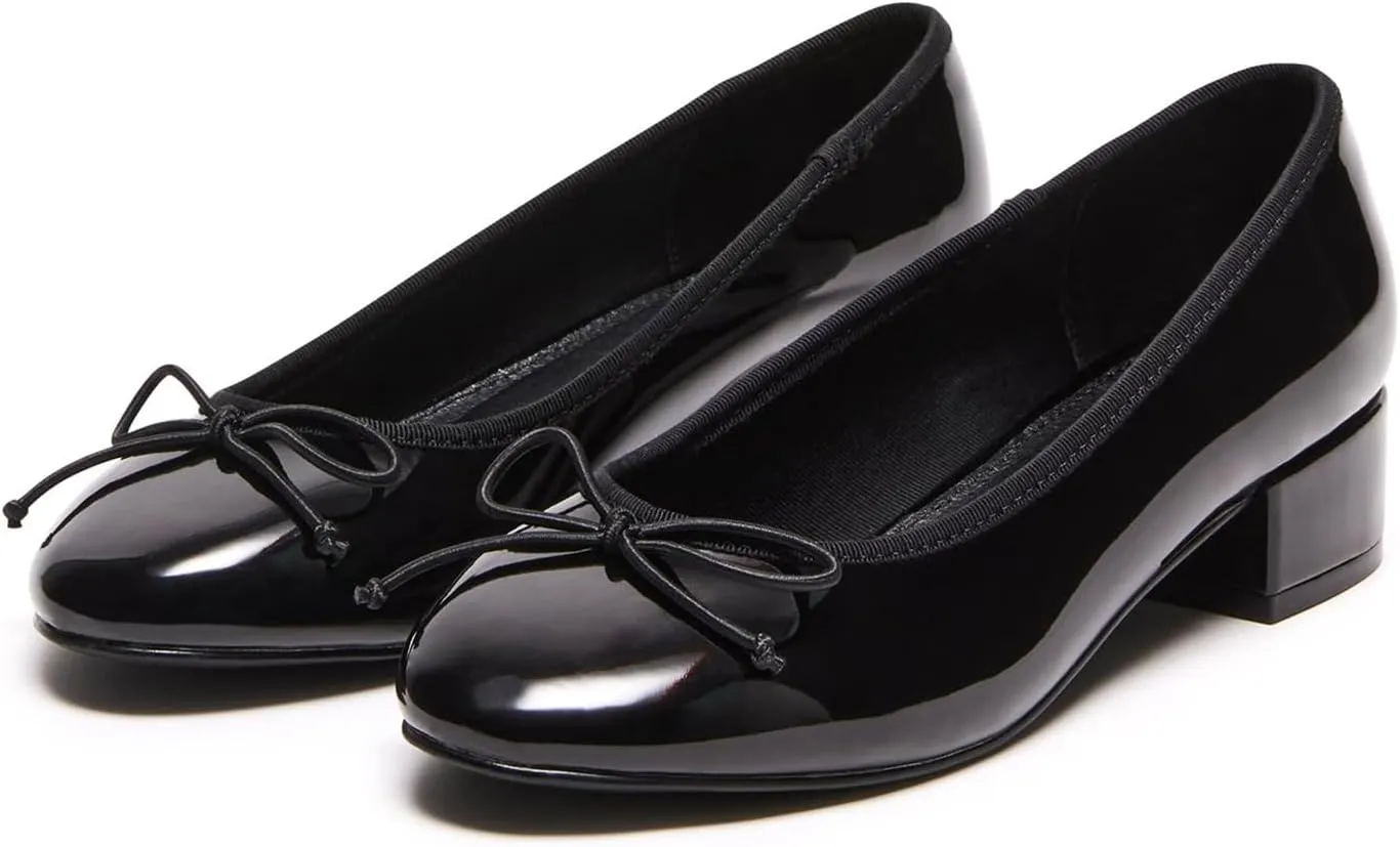 Adrizzlein Ballet Flats Shoes for Women Bowknot Round Toe Slip On Flats Pumps Comfort Chunky Low Heel Dress Shoes
