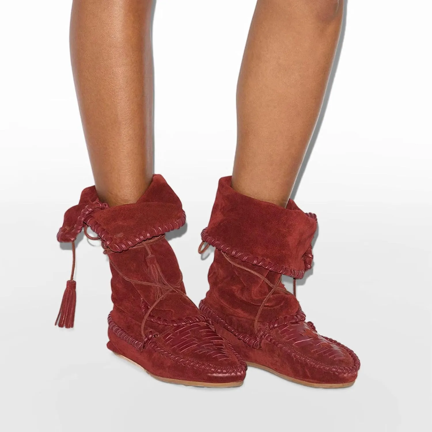 Agodor Women Slouched Ruched Fold Over Ankle Boots Suede Leather Woven Fringe Western Cowboy Boots Flat Lace Up Retro Short Booties