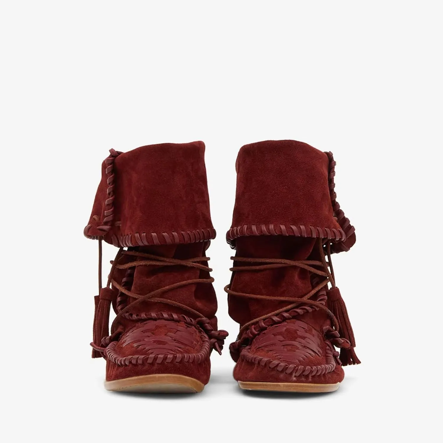 Agodor Women Slouched Ruched Fold Over Ankle Boots Suede Leather Woven Fringe Western Cowboy Boots Flat Lace Up Retro Short Booties