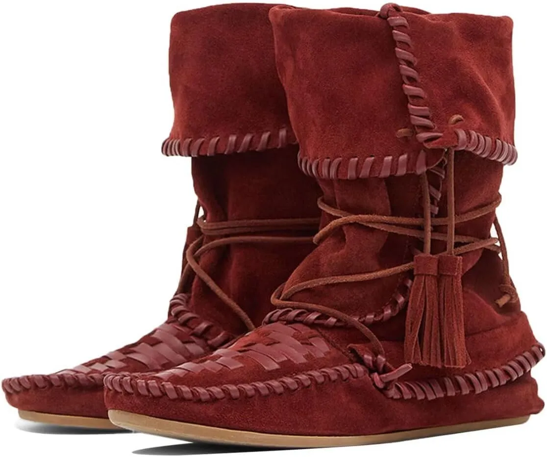 Agodor Women Slouched Ruched Fold Over Ankle Boots Suede Leather Woven Fringe Western Cowboy Boots Flat Lace Up Retro Short Booties