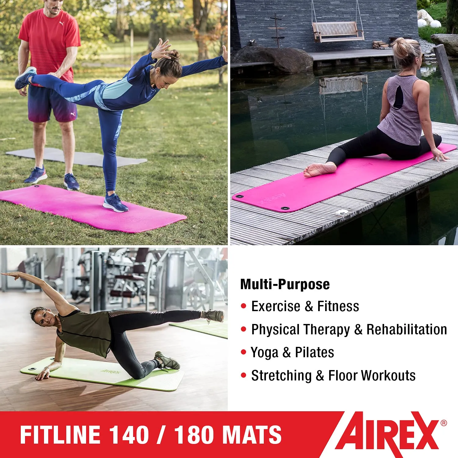 AIREX Fitline 140 Premium Exercise Mat - Home Workout Mat for Rehabilitation, Strength Training, Water Aerobics, Exercise, Fitness, Home Workouts 56" x 23", Lime, With Hanging Grommets