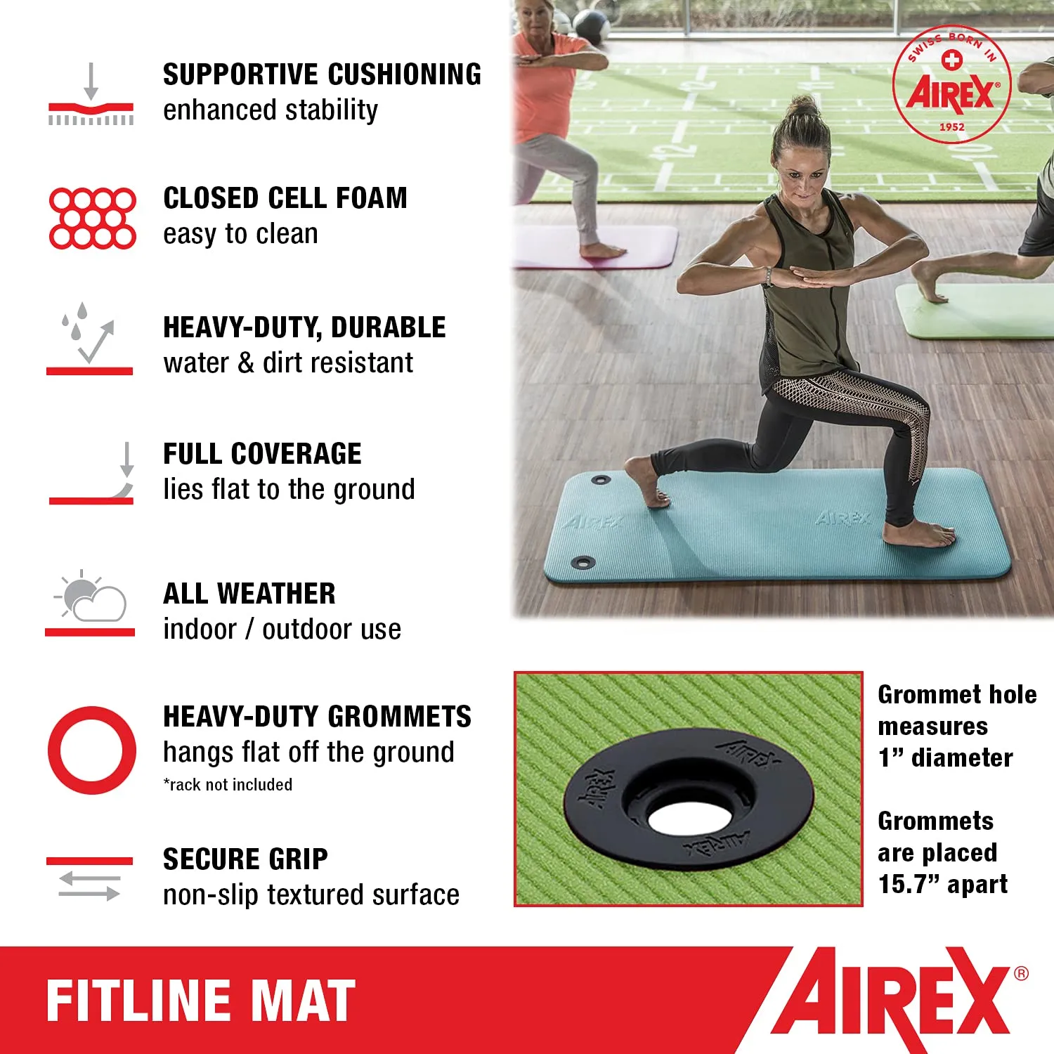 AIREX Fitline 140 Premium Exercise Mat - Home Workout Mat for Rehabilitation, Strength Training, Water Aerobics, Exercise, Fitness, Home Workouts 56" x 23", Lime, With Hanging Grommets