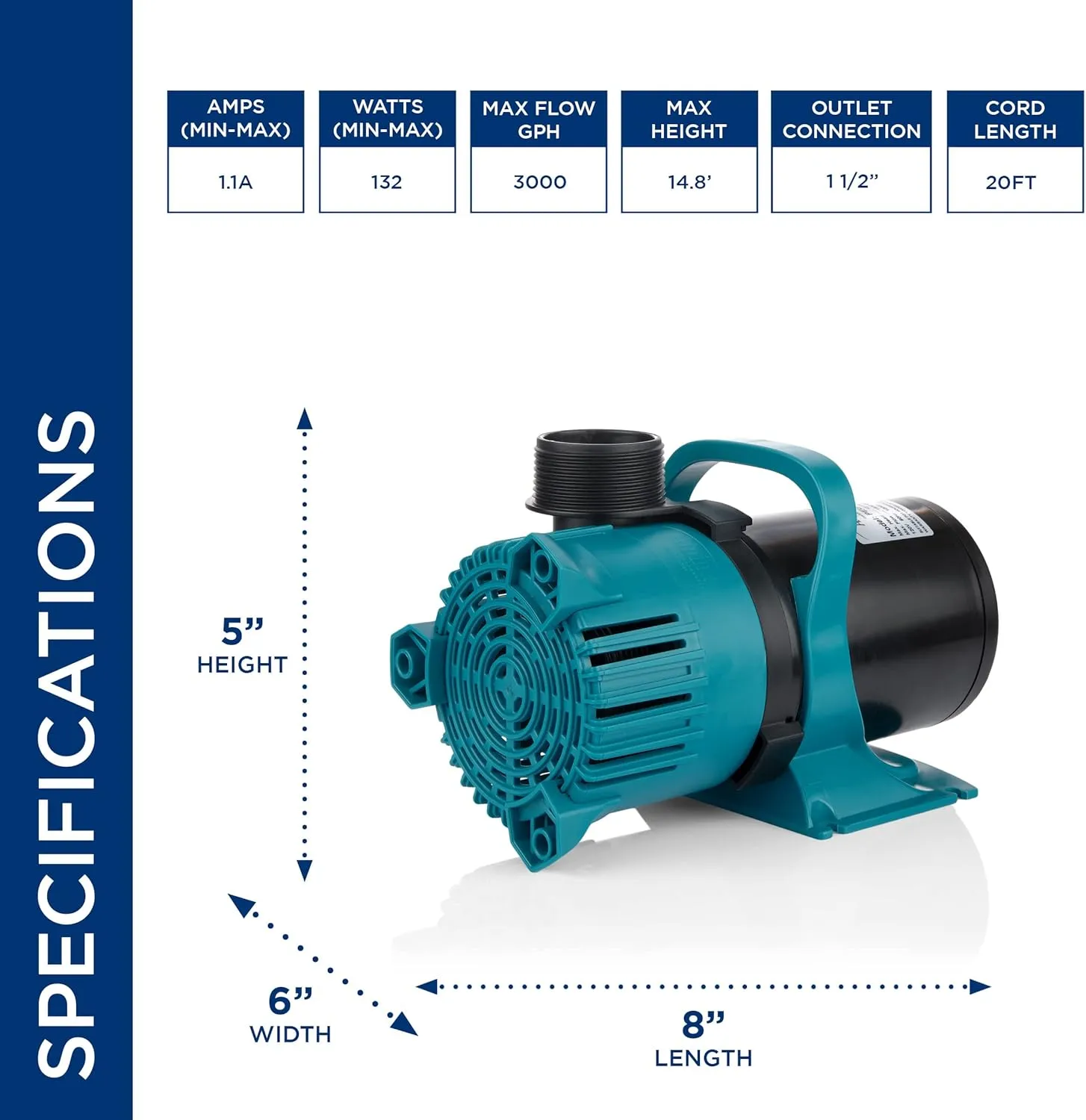 Alpine Corporation 3000 GPH Vortex Energy-Saving Pump for Ponds, Fountains, Waterfalls, and Water Circulation