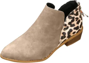 AMDBEL Fall Boots for Women 2024, Women's Ankle Boots Round Toe Leopard Print Side Zipper Short Boot Winter Walking Shoes