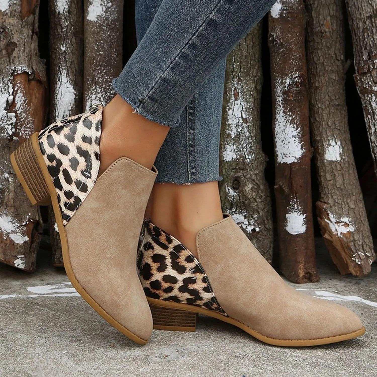 AMDBEL Fall Boots for Women 2024, Women's Ankle Boots Round Toe Leopard Print Side Zipper Short Boot Winter Walking Shoes