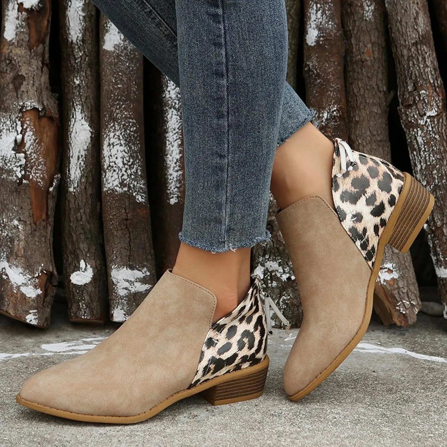 AMDBEL Fall Boots for Women 2024, Women's Ankle Boots Round Toe Leopard Print Side Zipper Short Boot Winter Walking Shoes