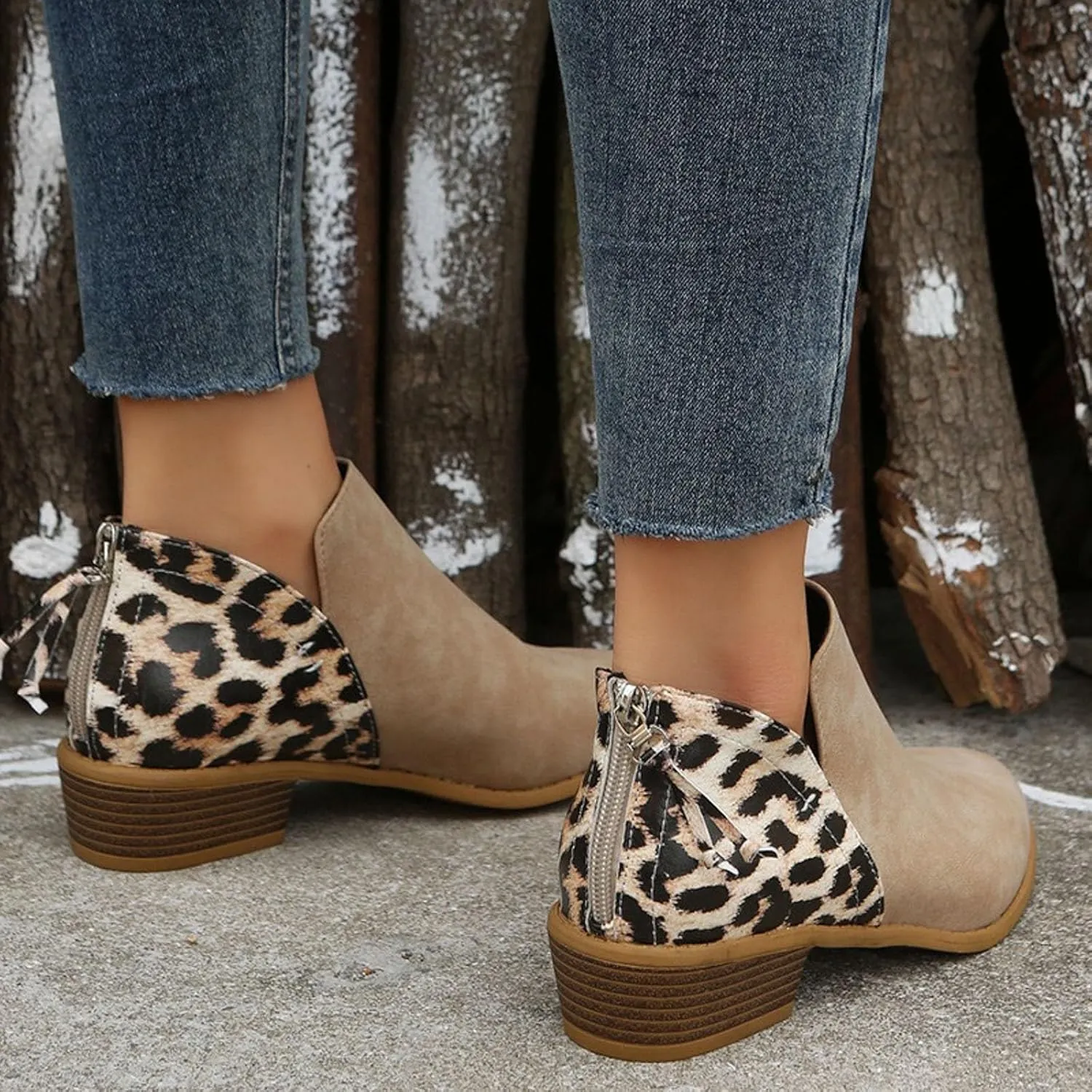 AMDBEL Fall Boots for Women 2024, Women's Ankle Boots Round Toe Leopard Print Side Zipper Short Boot Winter Walking Shoes