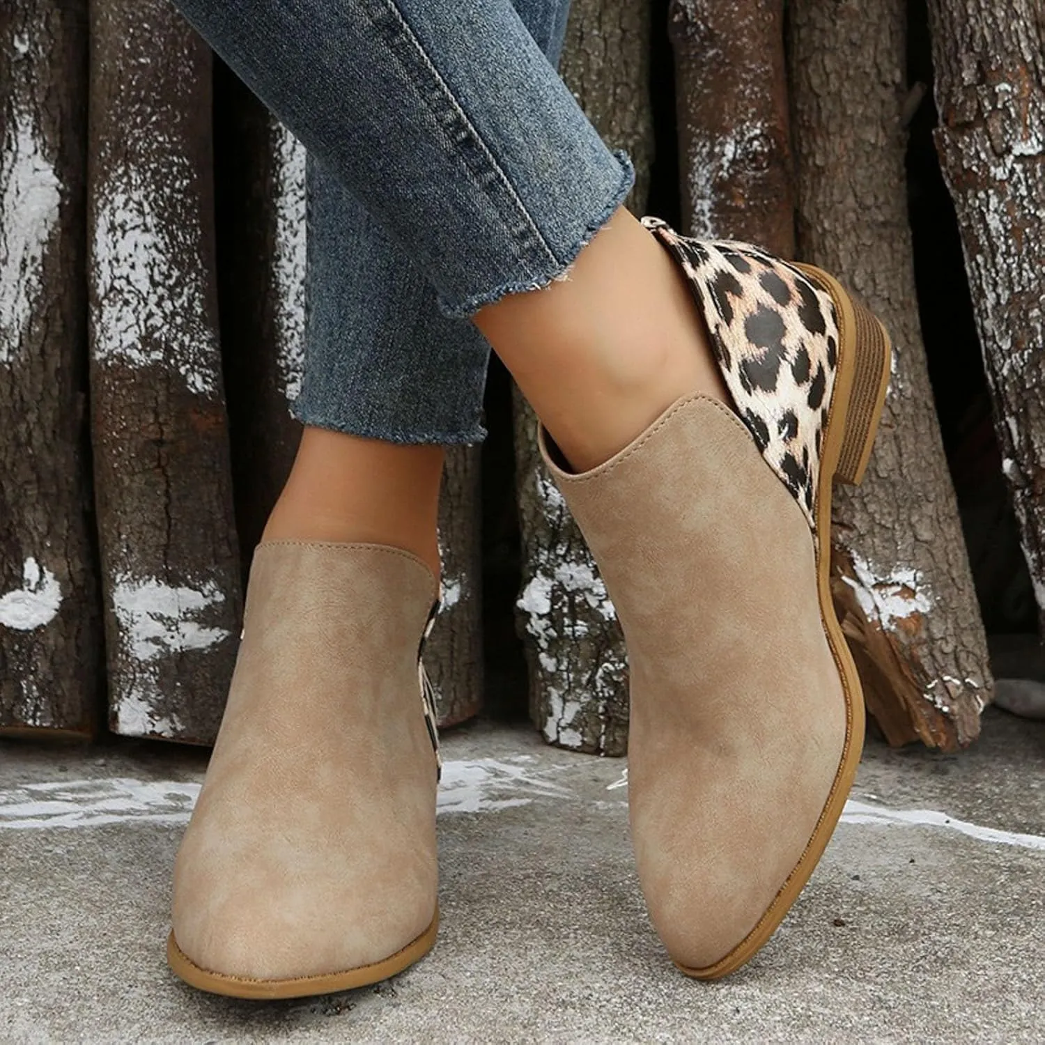 AMDBEL Fall Boots for Women 2024, Women's Ankle Boots Round Toe Leopard Print Side Zipper Short Boot Winter Walking Shoes