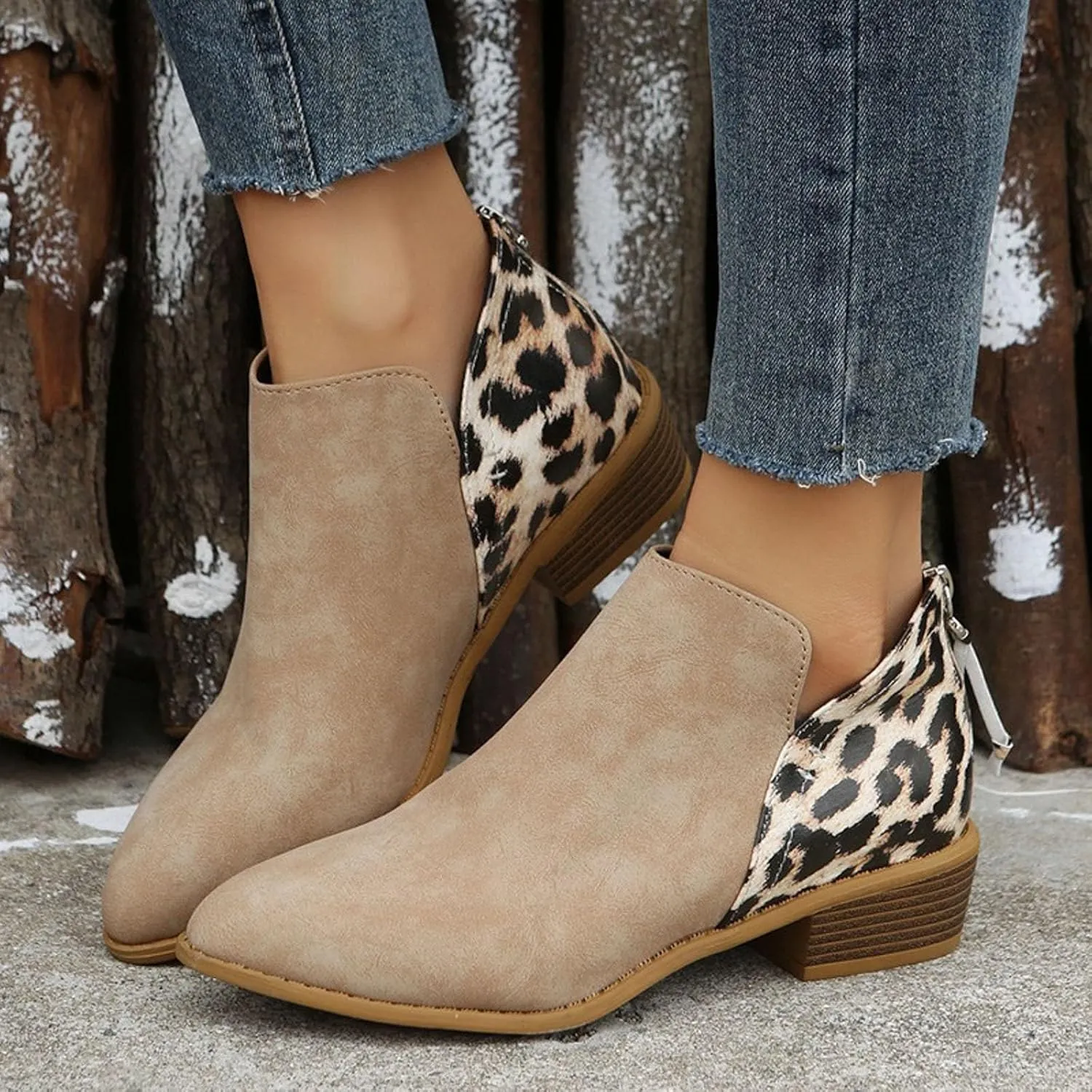 AMDBEL Fall Boots for Women 2024, Women's Ankle Boots Round Toe Leopard Print Side Zipper Short Boot Winter Walking Shoes