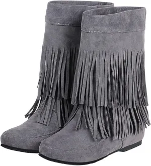 AUNTHUI Women'S Suede Double Tassel Toe Mid-Calf Flat Booties,Winter Warm Fashion Round Toe Faux Suede Slip On Height Increasing Shoes