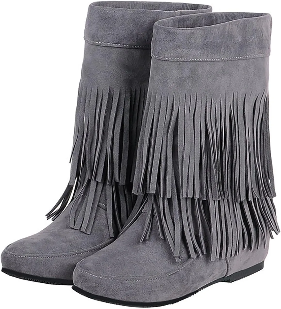 AUNTHUI Women'S Suede Double Tassel Toe Mid-Calf Flat Booties,Winter Warm Fashion Round Toe Faux Suede Slip On Height Increasing Shoes