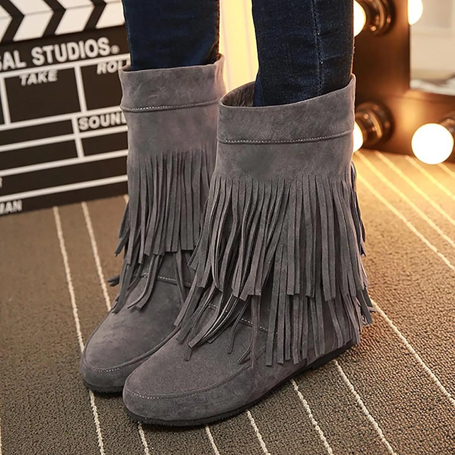 AUNTHUI Women'S Suede Double Tassel Toe Mid-Calf Flat Booties,Winter Warm Fashion Round Toe Faux Suede Slip On Height Increasing Shoes