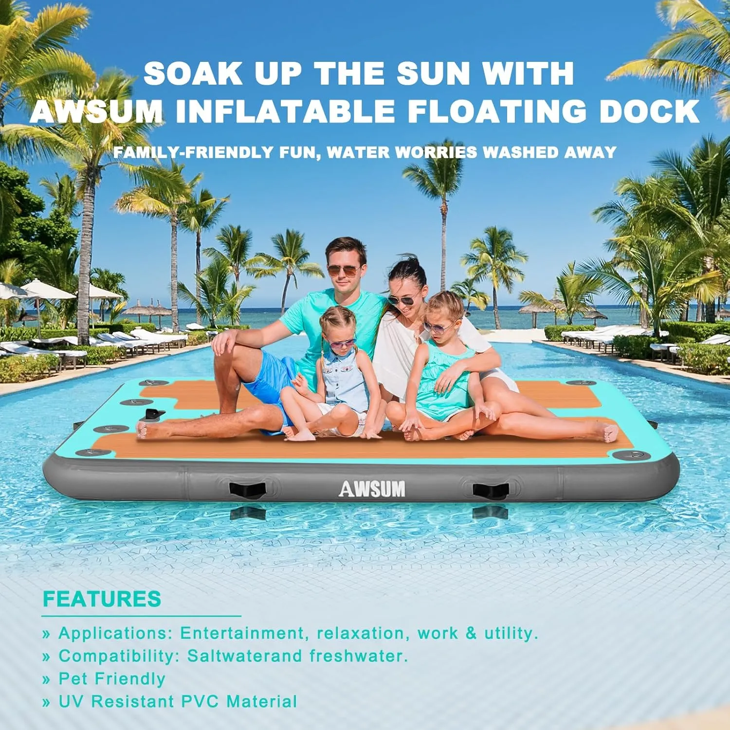 AWSUM Inflatable Floating Dock, 8ft/10ft Non-Slip EVA Wood Surface Inflatable Swim Platform Dock for Lake, Inflatable Water Mat Floating Island Raft for Pool Beach Ocean