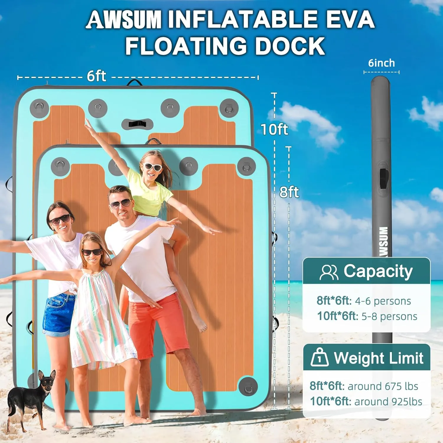 AWSUM Inflatable Floating Dock, 8ft/10ft Non-Slip EVA Wood Surface Inflatable Swim Platform Dock for Lake, Inflatable Water Mat Floating Island Raft for Pool Beach Ocean