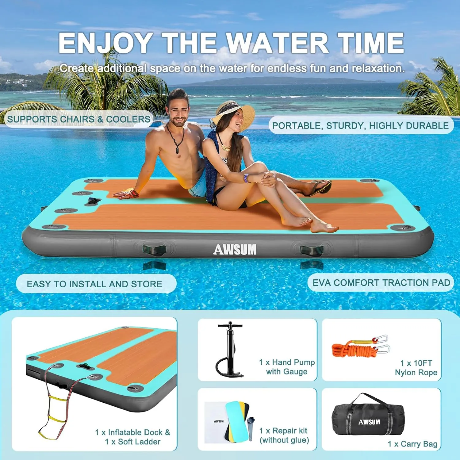 AWSUM Inflatable Floating Dock, 8ft/10ft Non-Slip EVA Wood Surface Inflatable Swim Platform Dock for Lake, Inflatable Water Mat Floating Island Raft for Pool Beach Ocean