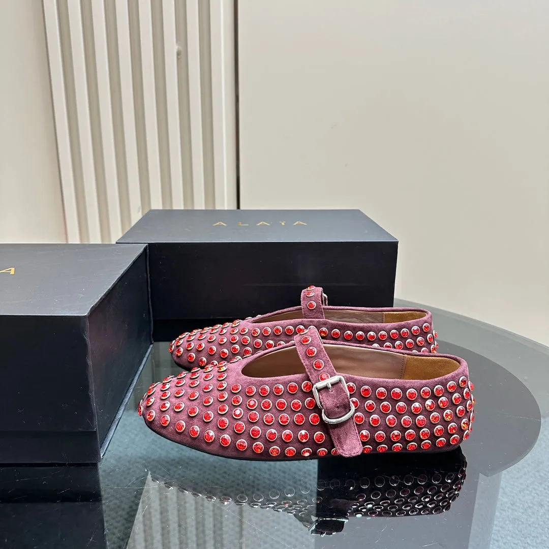 Ballet Flat Fishnet Burgundy Strass Suede