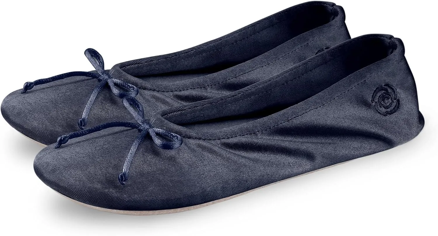 BCTEX COLL Women's Ballerina House Slippers with Bow, Ladies Satin Bedroom Slipper with Suede Sole Indoor