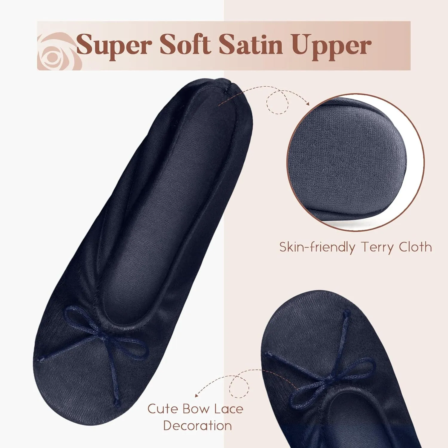 BCTEX COLL Women's Ballerina House Slippers with Bow, Ladies Satin Bedroom Slipper with Suede Sole Indoor