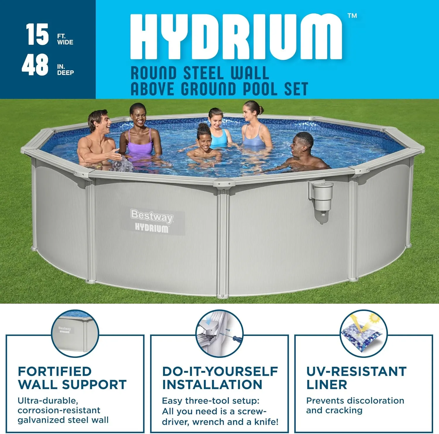Bestway Hydrium Above Ground Swimming Pool, 15' x 48" Round Steel Wall Pool Set with Sand Filter Pump, Chemical Dispensers, and Accessories