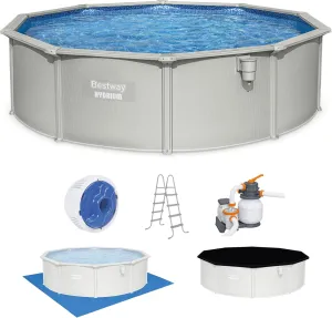 Bestway Hydrium Above Ground Swimming Pool, 15' x 48" Round Steel Wall Pool Set with Sand Filter Pump, Chemical Dispensers, and Accessories