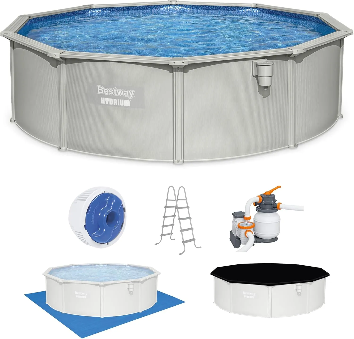 Bestway Hydrium Above Ground Swimming Pool, 15' x 48" Round Steel Wall Pool Set with Sand Filter Pump, Chemical Dispensers, and Accessories