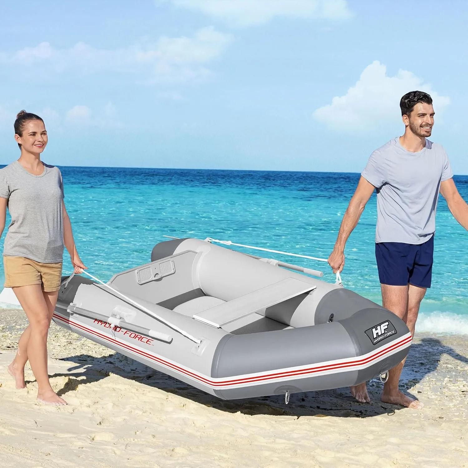 Bestway Hydro-Force Pro Inflatable Outdoor Water Lake Raft Boat Set with 2 Aluminum Oars, Hand Pump, Pressure Gauge