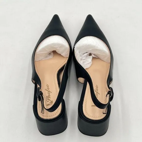 Black Women Retro Pointed Toe Slingback Sandals Comfortable Low Block Heel Pump