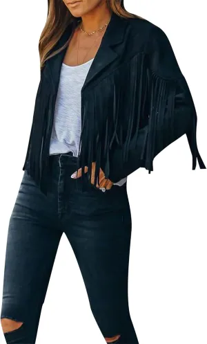 BOFETA Women's Long Sleeve Tassel Faux Suede Leather Cropped Jackets Solid Color Lapel Neck Jacket Coat