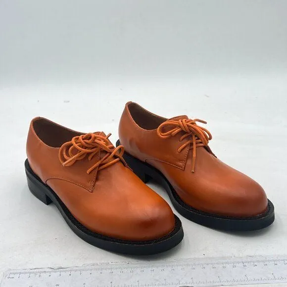 Brown Women Leather Classic Lace up Oxford Low Heel Round Toe Casual Dress Pump
