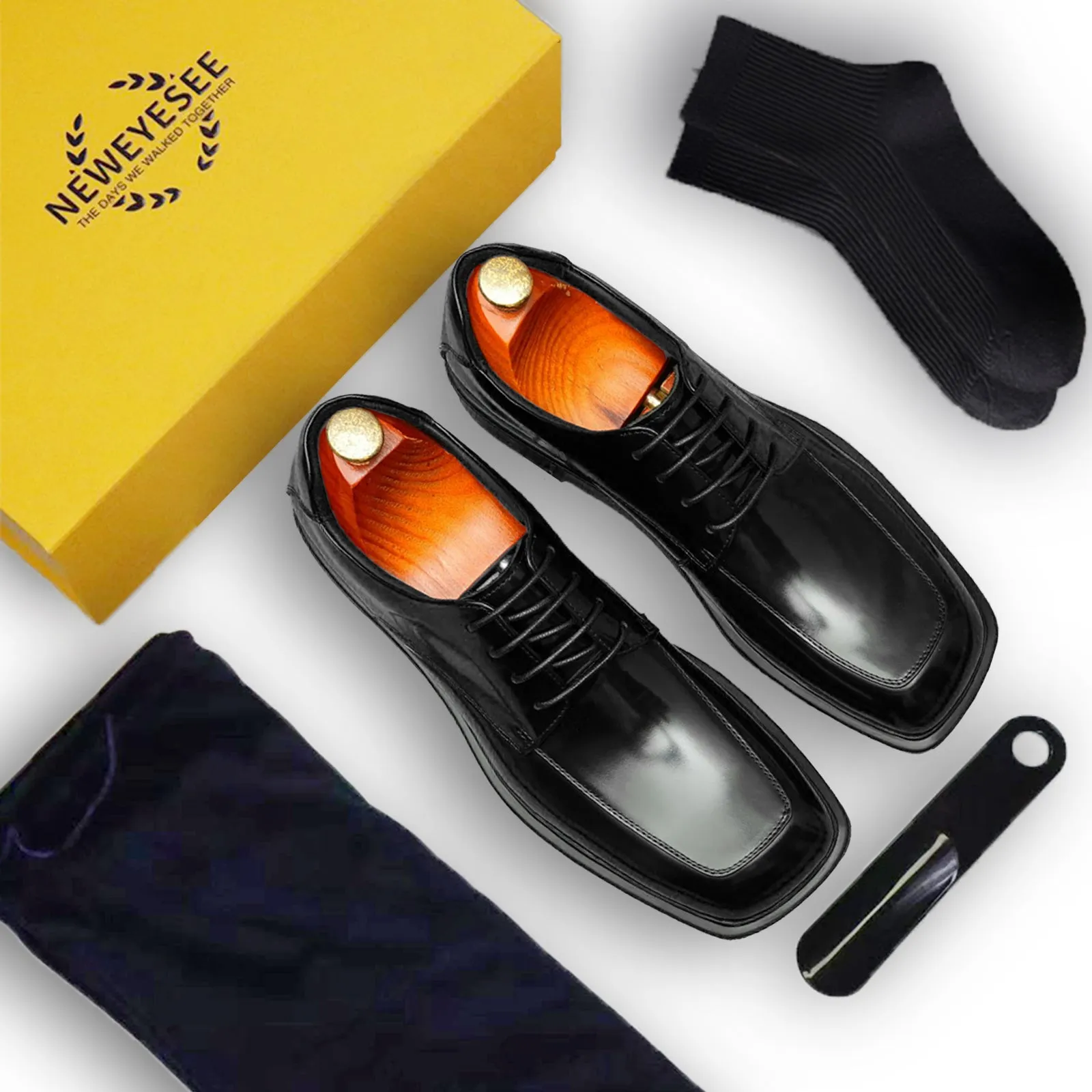 Calfskin Derby Shoes Men Leather Shoes Glossy Square Toe