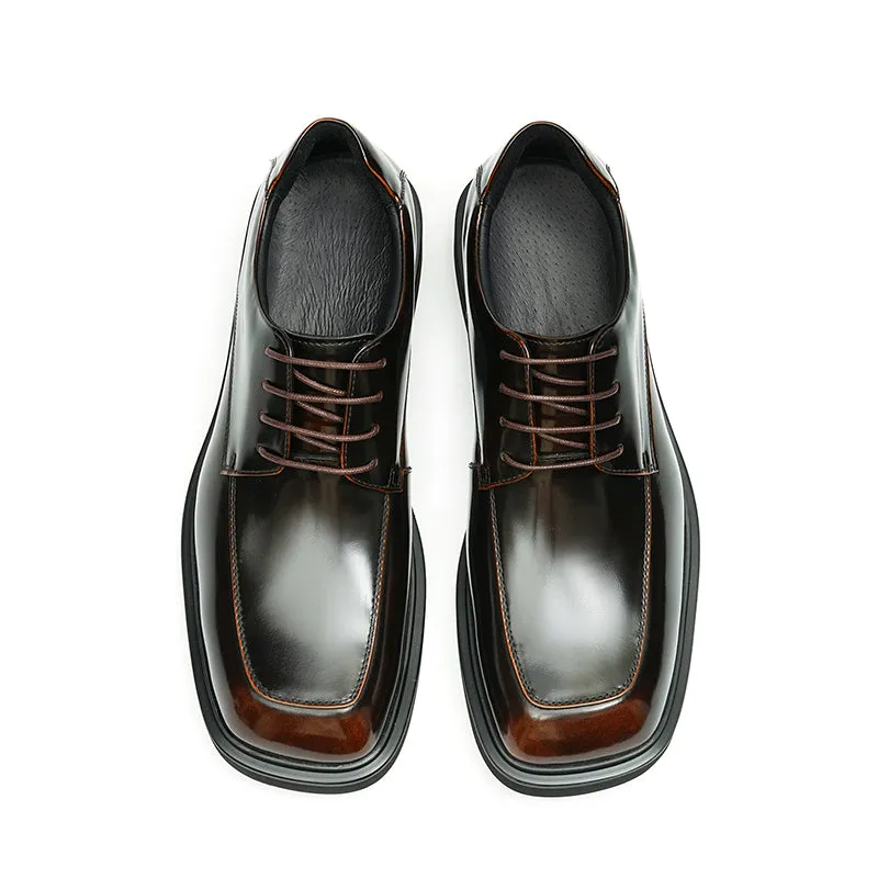 Calfskin Derby Shoes Men Leather Shoes Glossy Square Toe